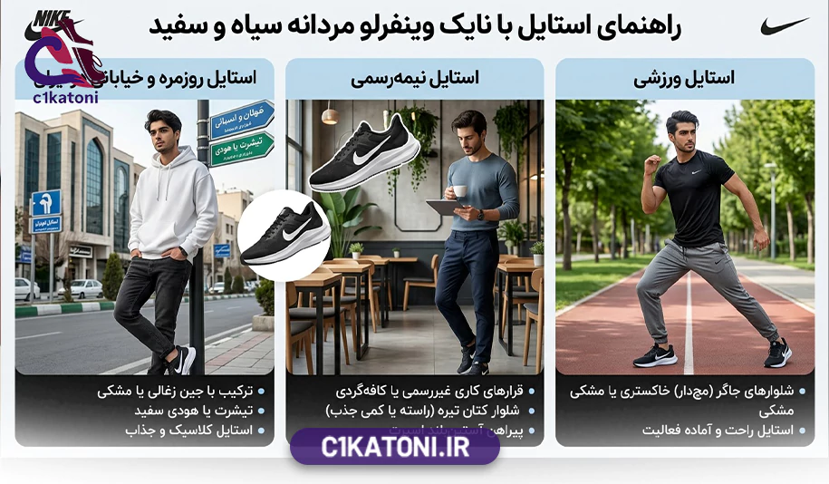 راهنمای استایل با نایک وینفرلو مردانه سیاه و سفید